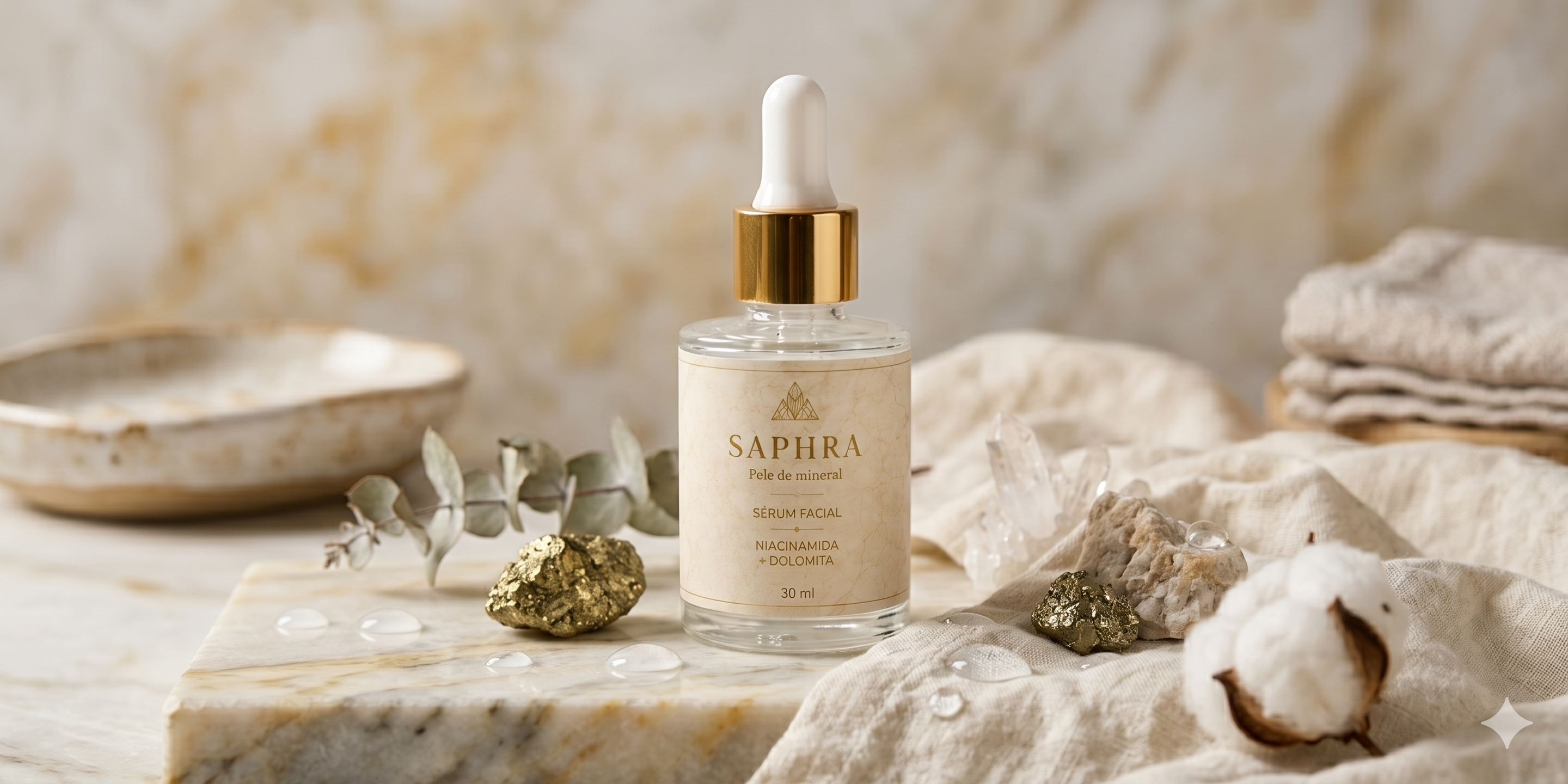 Saphra — Sérum Facial Pele de Mineral com Niacinamida e Dolomita, 30ml, em superfície de mármore acompanhado de eucalipto, ouro mineral, cristais de quartzo e flor de algodão.